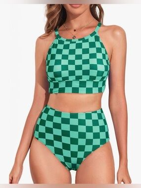 NWT Green Checkered High-Neck Two-Piece Swim Set Bikini